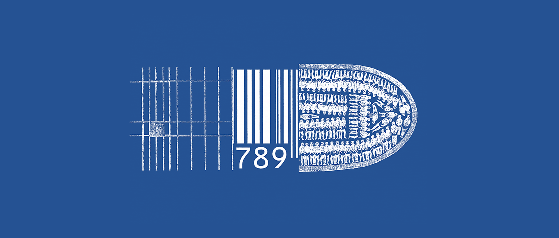 Artistic white-lined collage silhouette of a bullet shape or ship shape composed of jail cell bars, barcode, and figures of people arranged in a stacked formation over a blue background.